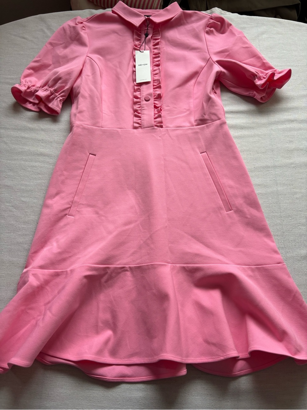NWT ME+EM Carnation Pink Ruffle Front Short Sleeve Fit Flare Dress Size 6